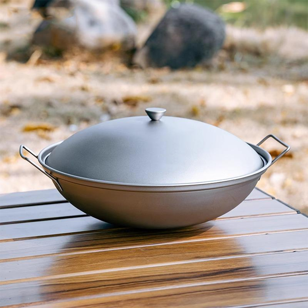 Camping Cooking Handle - Titanium Wok Pan with Lid Double